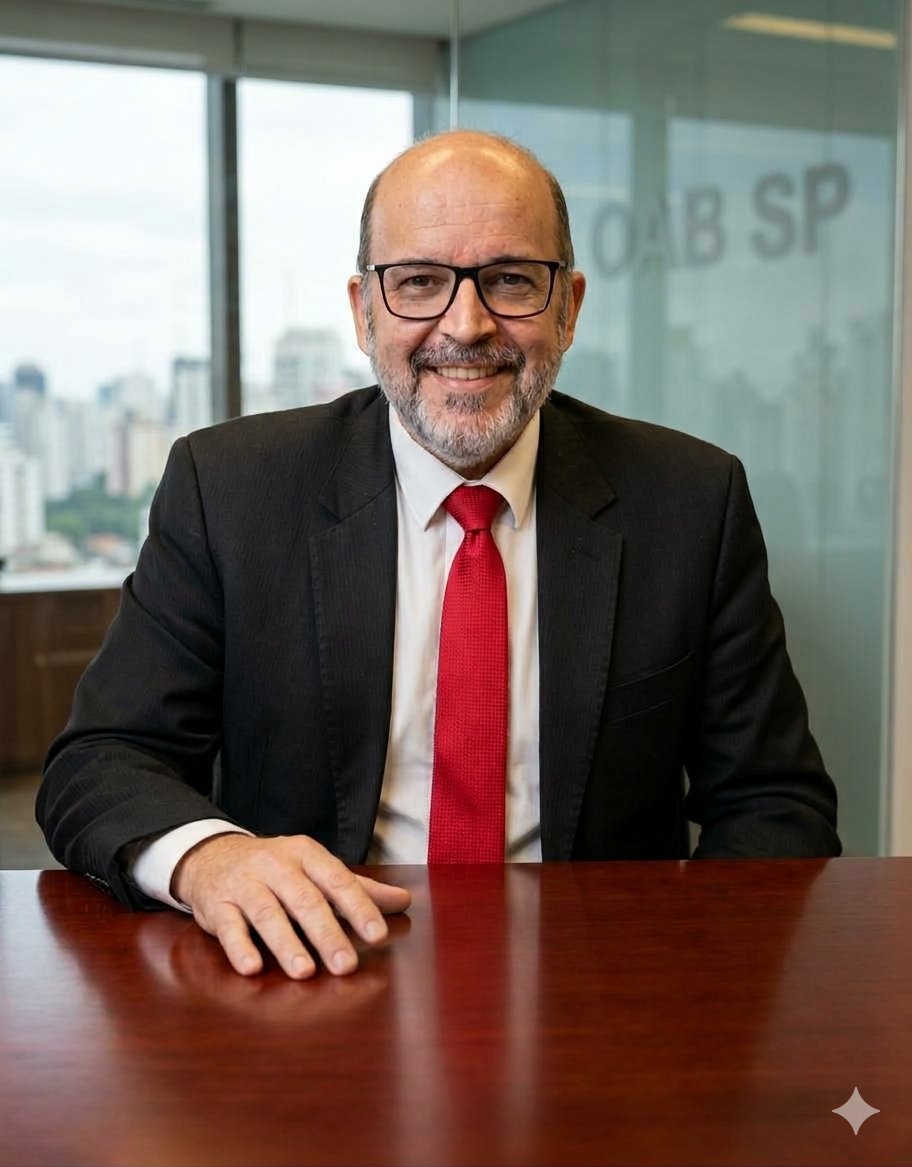 Dr. Sérgio Rosa da Silva, advogado, sorrindo em seu escritório